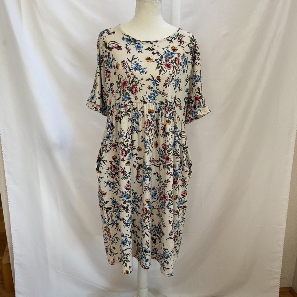 JESSAKAE Dress Women's Large Floral Fit Flare Midi Short Sleeve Pockets Jersey